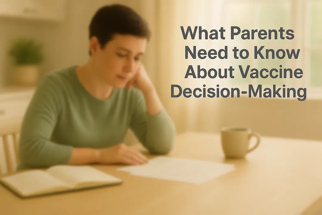 A person seated at a wooden kitchen table reviews printed papers beside an open notebook and a mug, lit by soft natural window light. In the upper‑right corner, the text reads, “What Parents Need to Know About Vaccine Decision‑Making.”