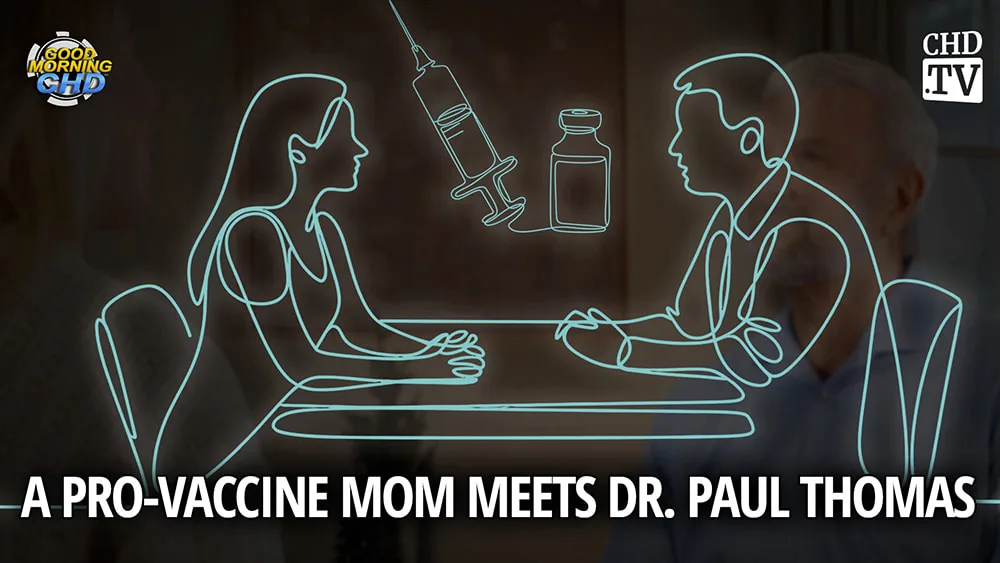 Illustration of a mother and Dr. Paul Thomas seated across from each other at a table, with a vaccine syringe and vial between them -- from the CHD.TV program Good Morning CHD