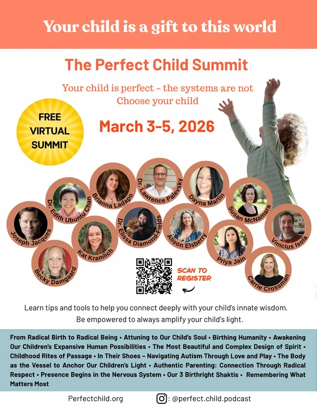 Promotional flyer for The Perfect Child Summit, a free virtual event taking place March 3-5, 2026, hosted at PerfectChild.org. The flyer features the tagline 